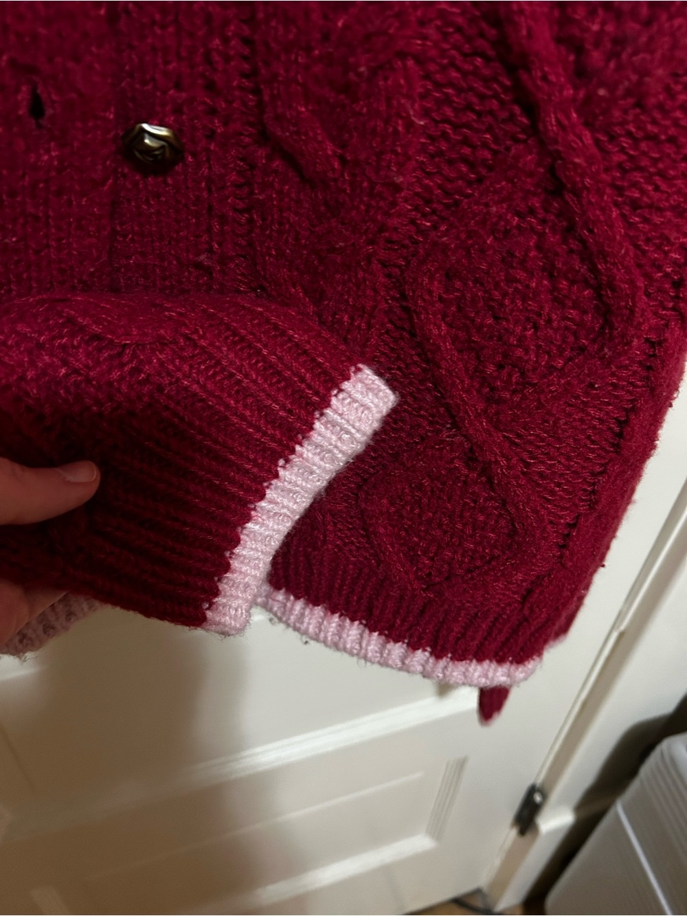 Kimchi Blue Maroon Cable-Knit Cardigan with Pink Trim and Rose Buttons - Picture 6 of 6